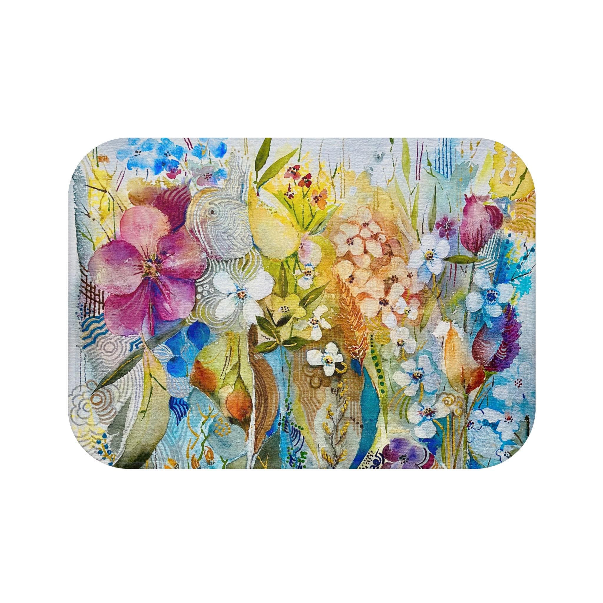 Colorful and elegant microfiber bath mat with floral design and anti-slip backing available in two sizes