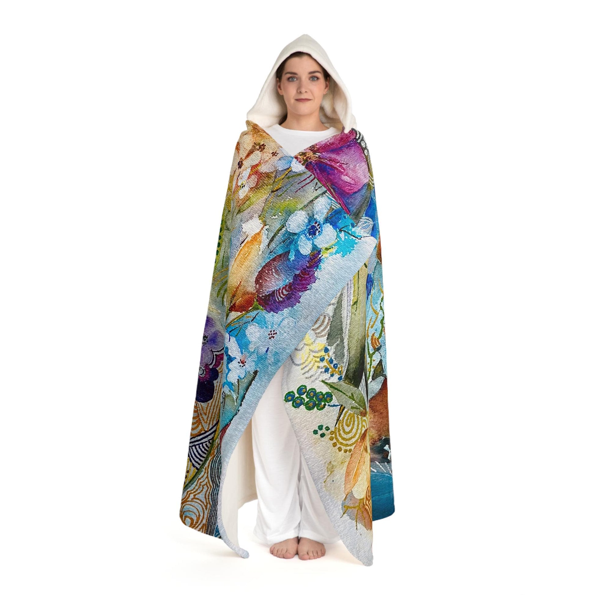 Color Therapy Hooded Sherpa Fleece Blanket, soft fleece with cream-colored sherpa hood, perfect for cozy relaxation.