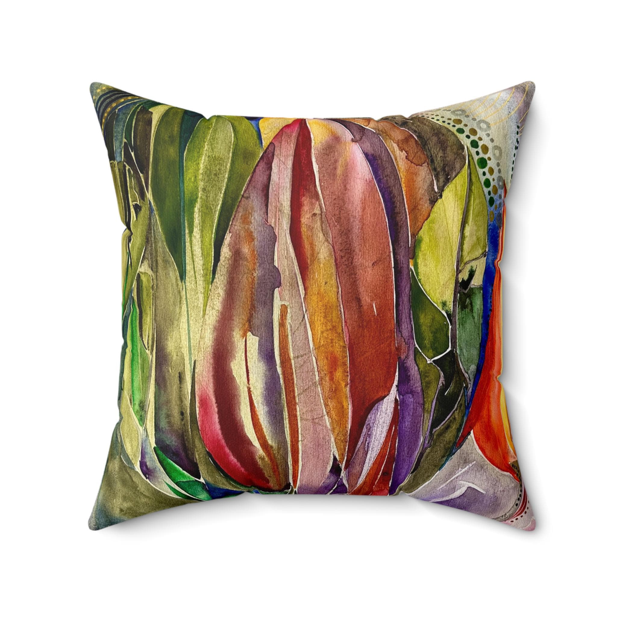 Square decorative pillow cover with artistic tropical banana flower design in vibrant colors