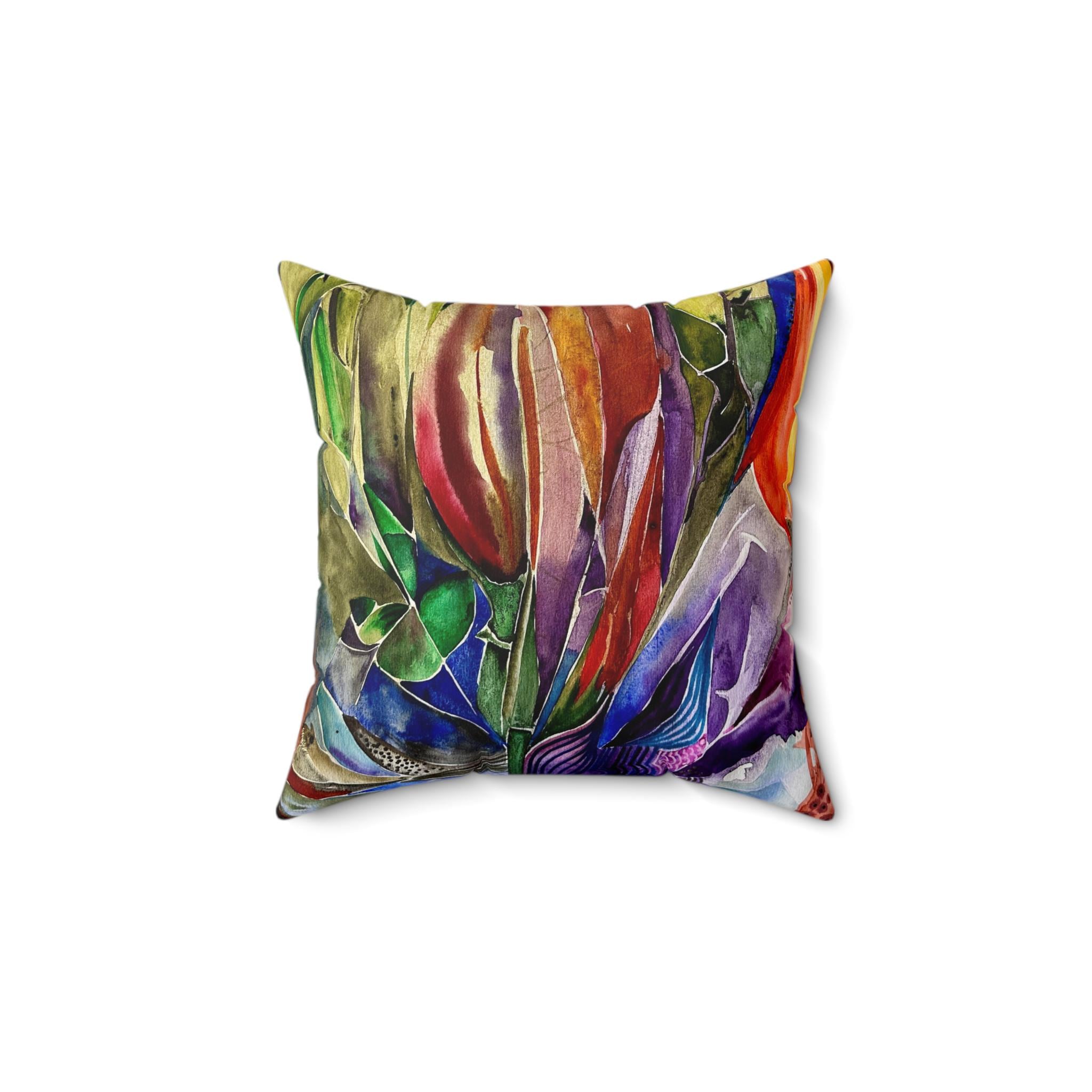 Colorful Banana Flower pillow with vibrant tropical floral design on square throw cover