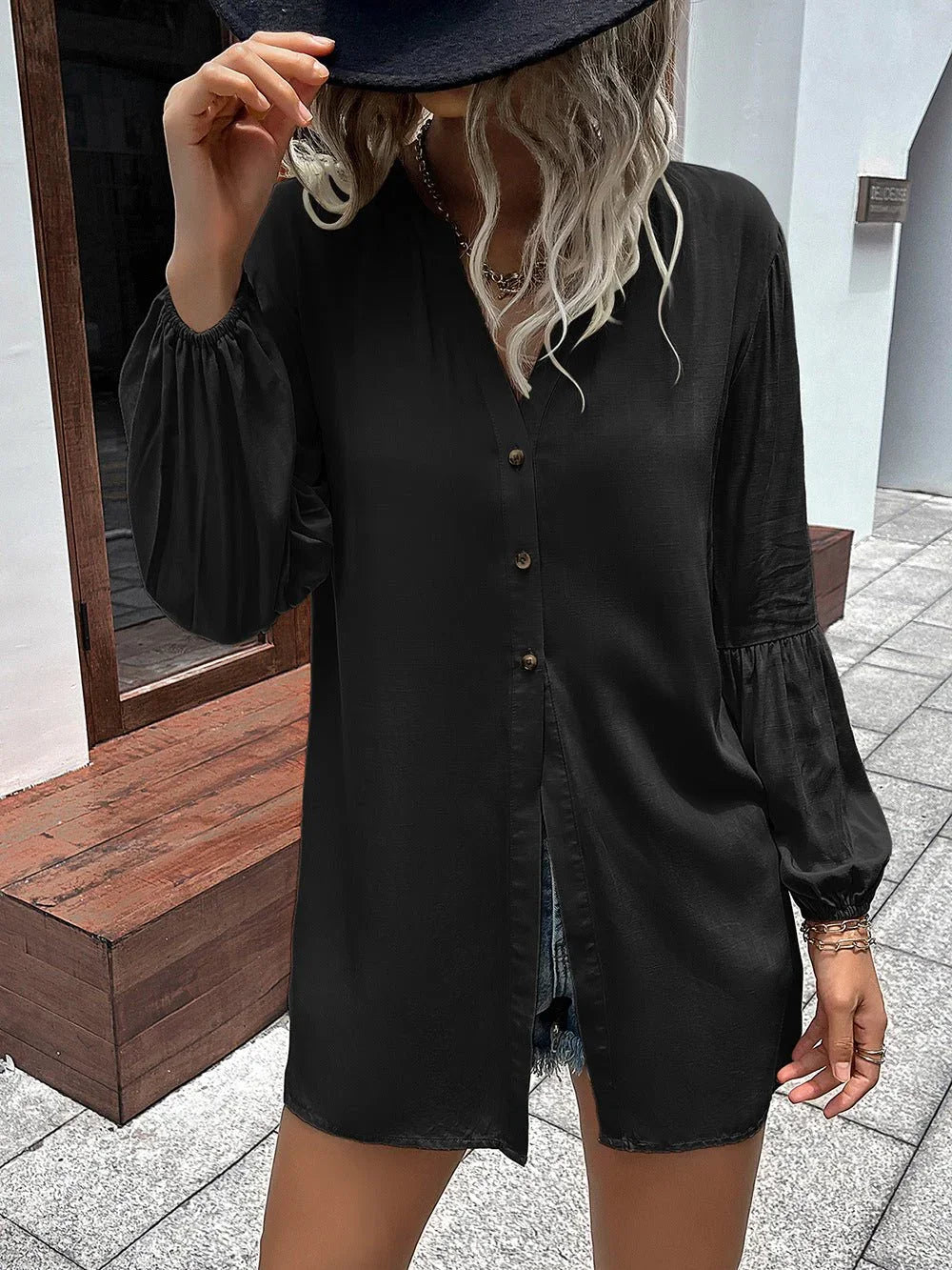 Ivy Lane Notched Neck Balloon Sleeve Shirt - Lana Art Sweden