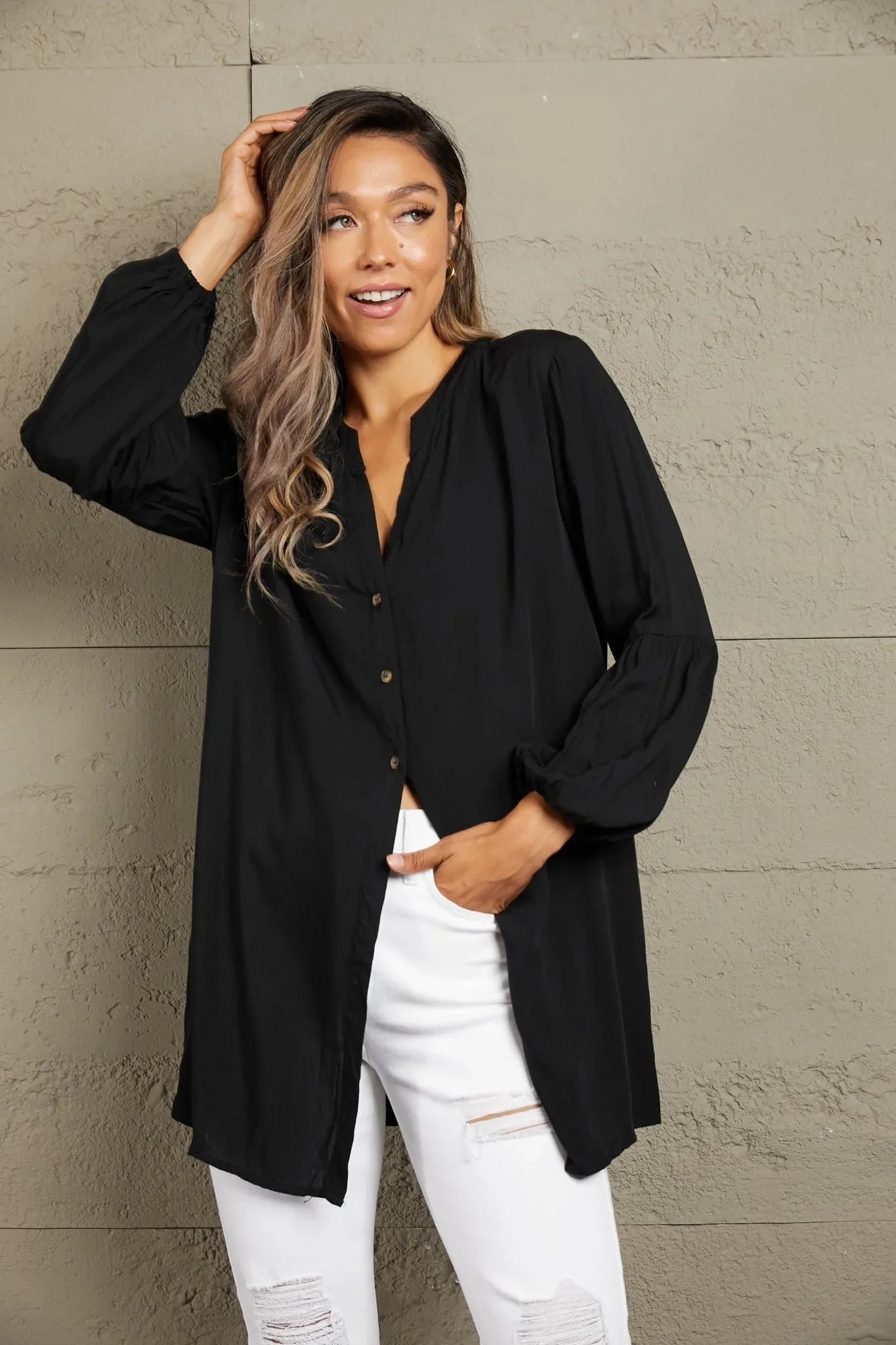 Ivy Lane Notched Neck Balloon Sleeve Shirt - Lana Art Sweden
