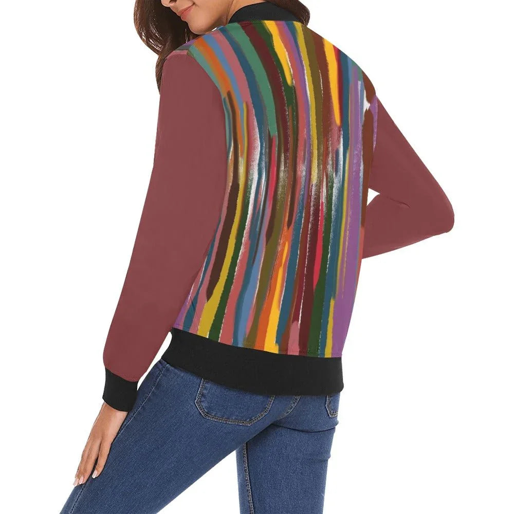 Ladies Power Stripes Maroon Sleeves All Over Print Bomber Jacket for Women - Lana Art Sweden
