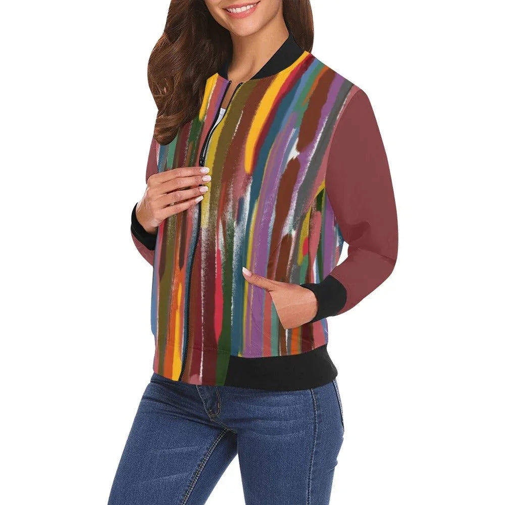 Ladies Power Stripes Maroon Sleeves All Over Print Bomber Jacket for Women - Lana Art Sweden