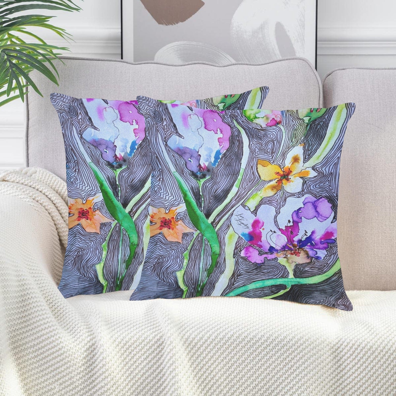 Lanterna and Lined tulips Linen Zippered Pillowcase 18"x18"(Pack of 2) - Lana Art Sweden
