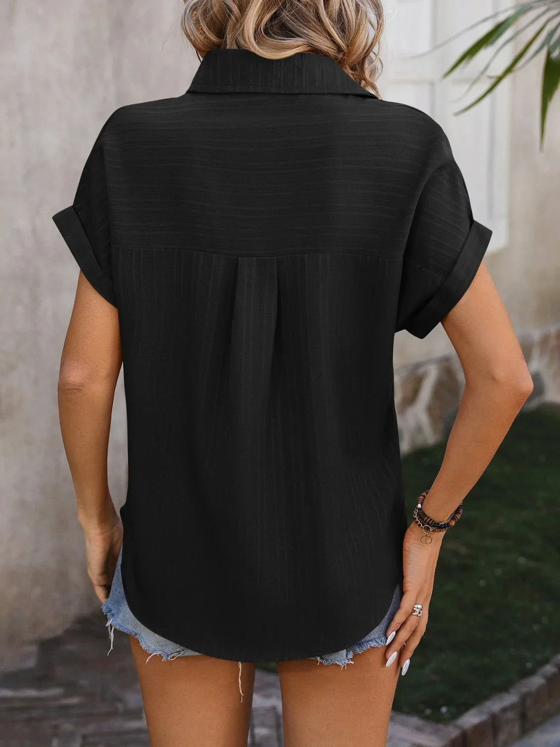 Mandy Textured Button Up Cap Sleeve Shirt - Lana Art Sweden
