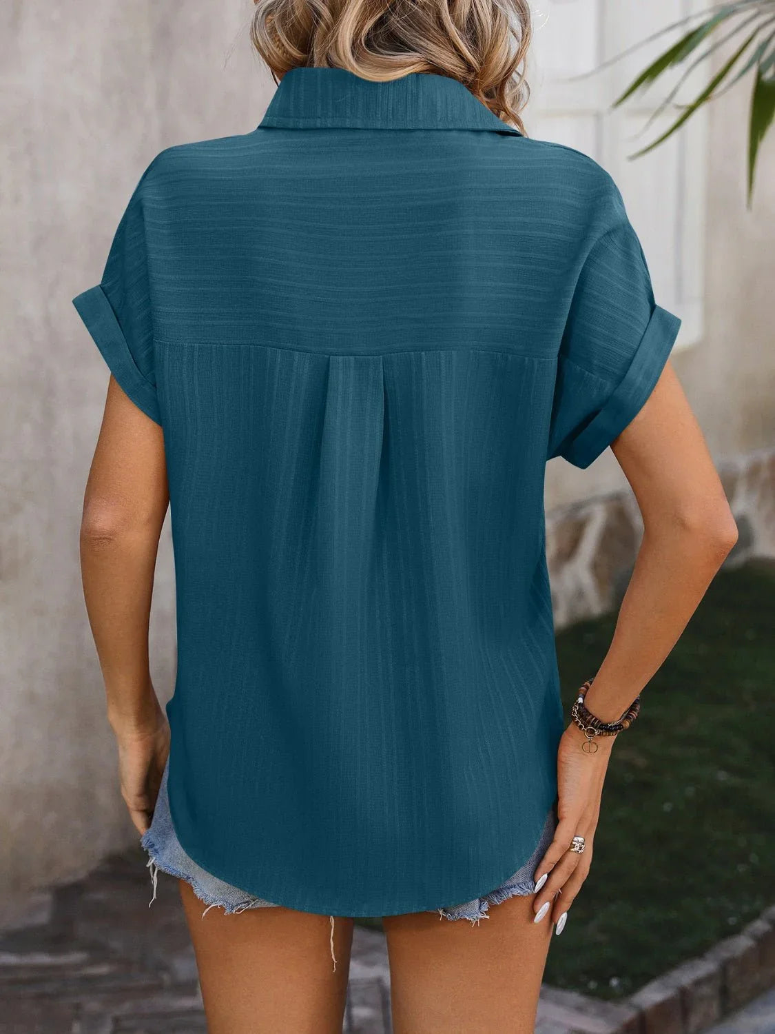 Mandy Textured Button Up Cap Sleeve Shirt - Lana Art Sweden