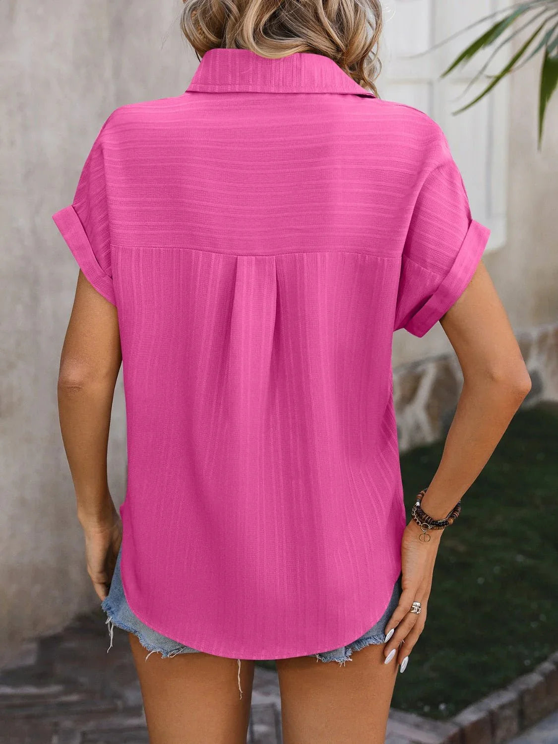Mandy Textured Button Up Cap Sleeve Shirt - Lana Art Sweden