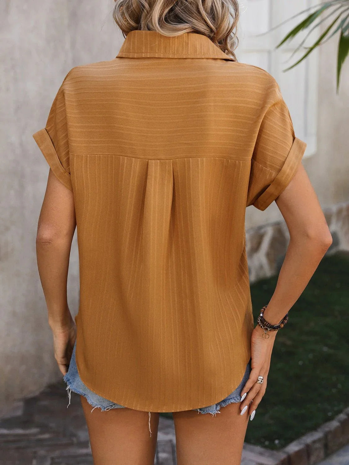 Mandy Textured Button Up Cap Sleeve Shirt - Lana Art Sweden