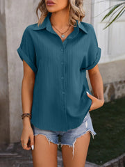 Mandy Textured Button Up Cap Sleeve Shirt - Lana Art Sweden