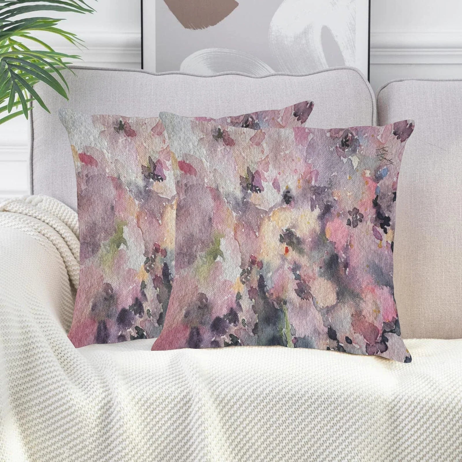 Pink Rhapsody and Purple Lawn Linen Zippered Pillowcase 18"x18"(Pack of 2) - Lana Art Sweden