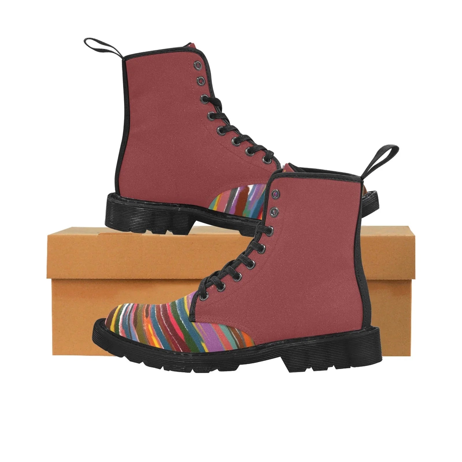Power Stripes Burgundy Custom Canvas Boots for Women - Lana Art Sweden