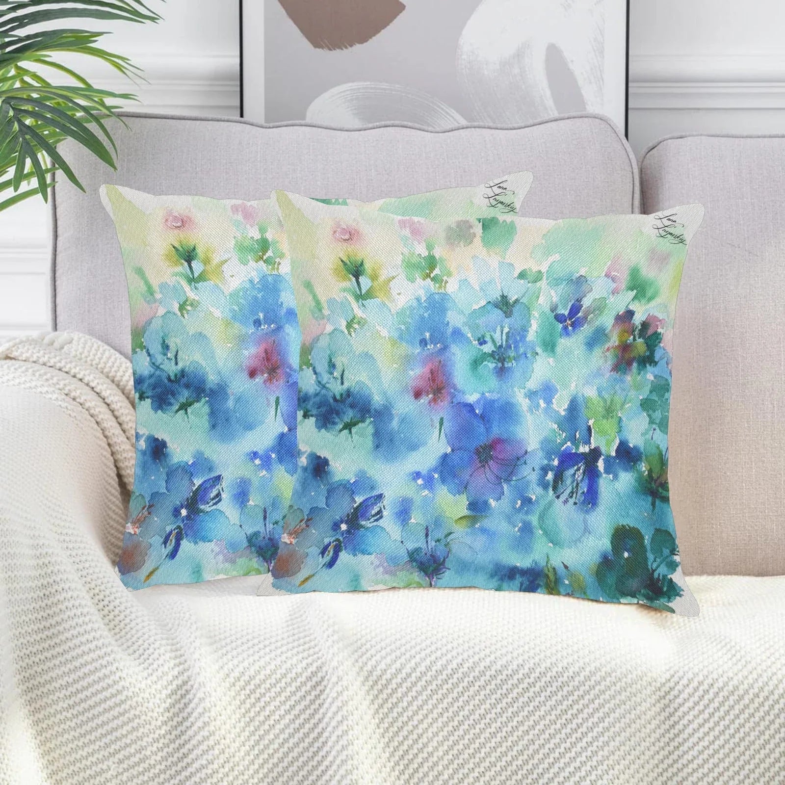 Purple Lawn and Blue Hibiscus Linen Zippered Pillowcase 18"x18", Pack of 2 - Lana Art Sweden