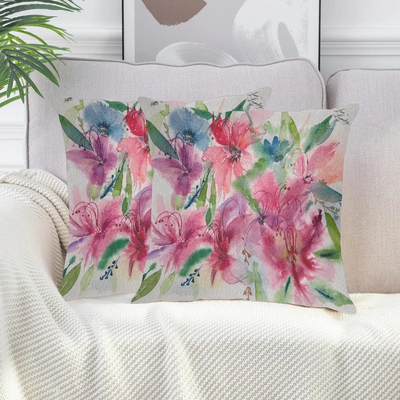 Purple Lawn and Red Hybiscus Linen Zippered Pillowcase 18"x18"(Pack of 2) - Lana Art Sweden