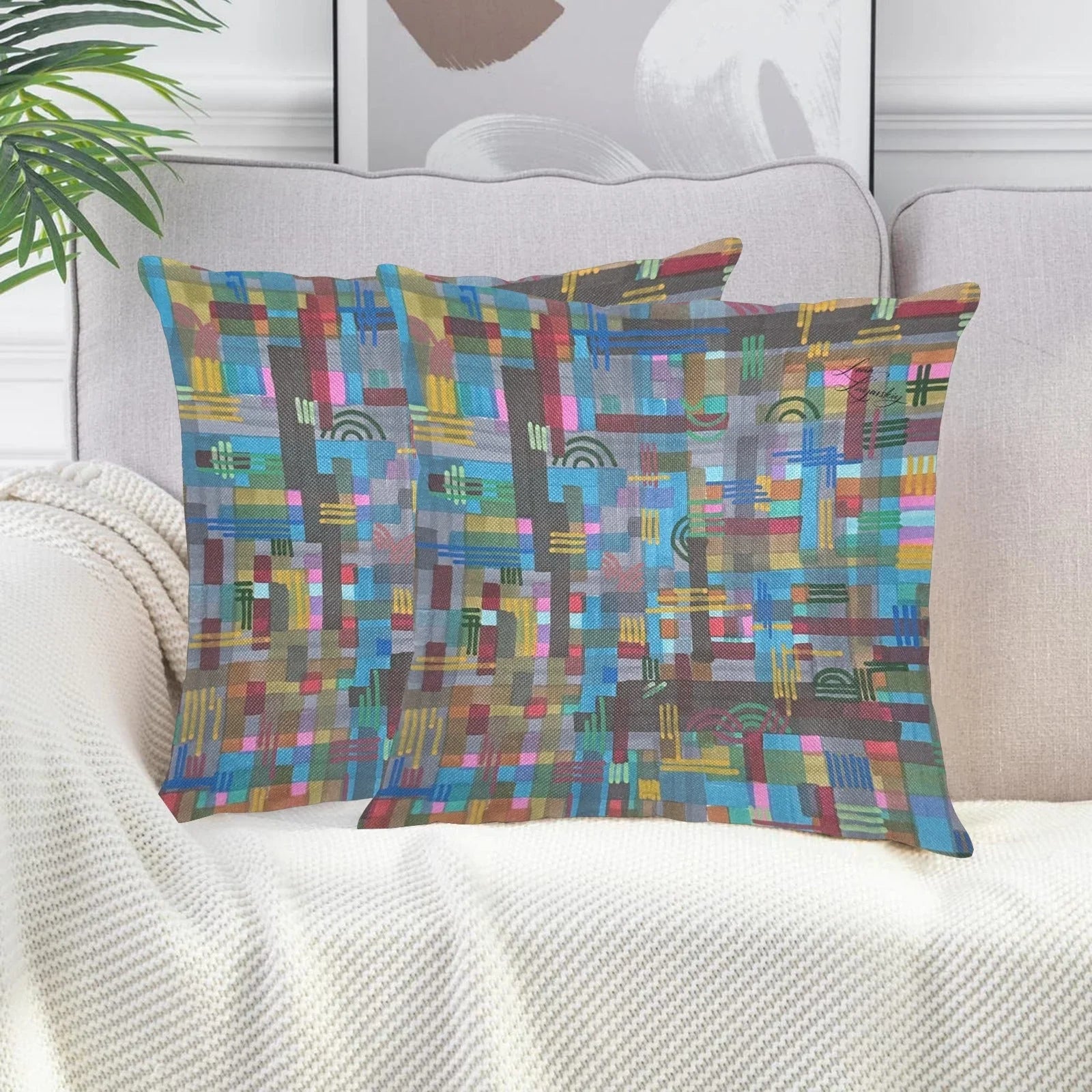Purple Swirls and Fancy Checkers Linen Zippered Pillowcase 18"x18"(Pack of 2) - Lana Art Sweden