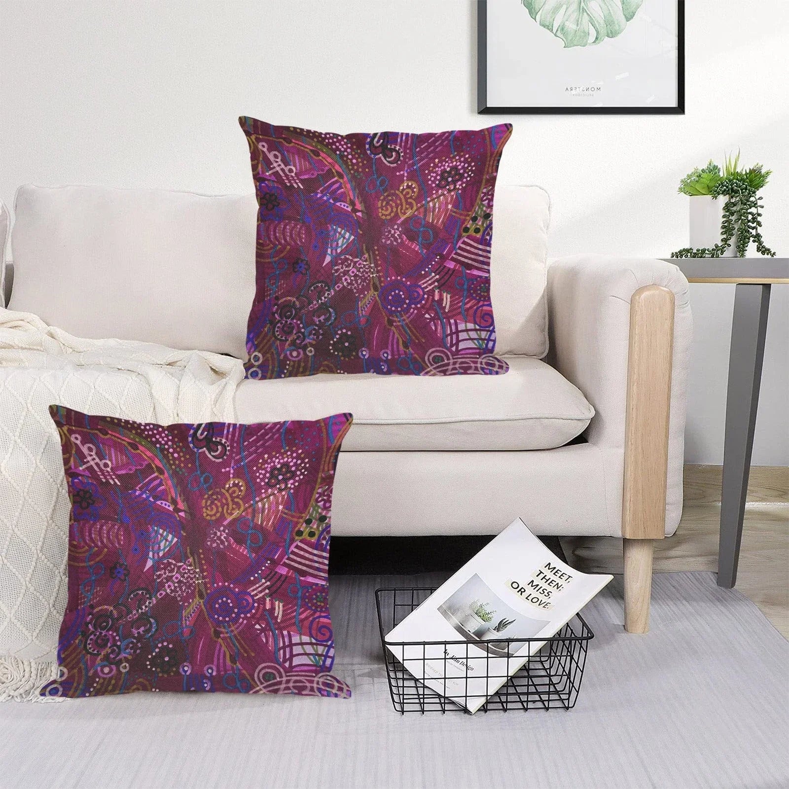 Purple Swirls and Fancy Checkers Linen Zippered Pillowcase 18"x18"(Pack of 2) - Lana Art Sweden
