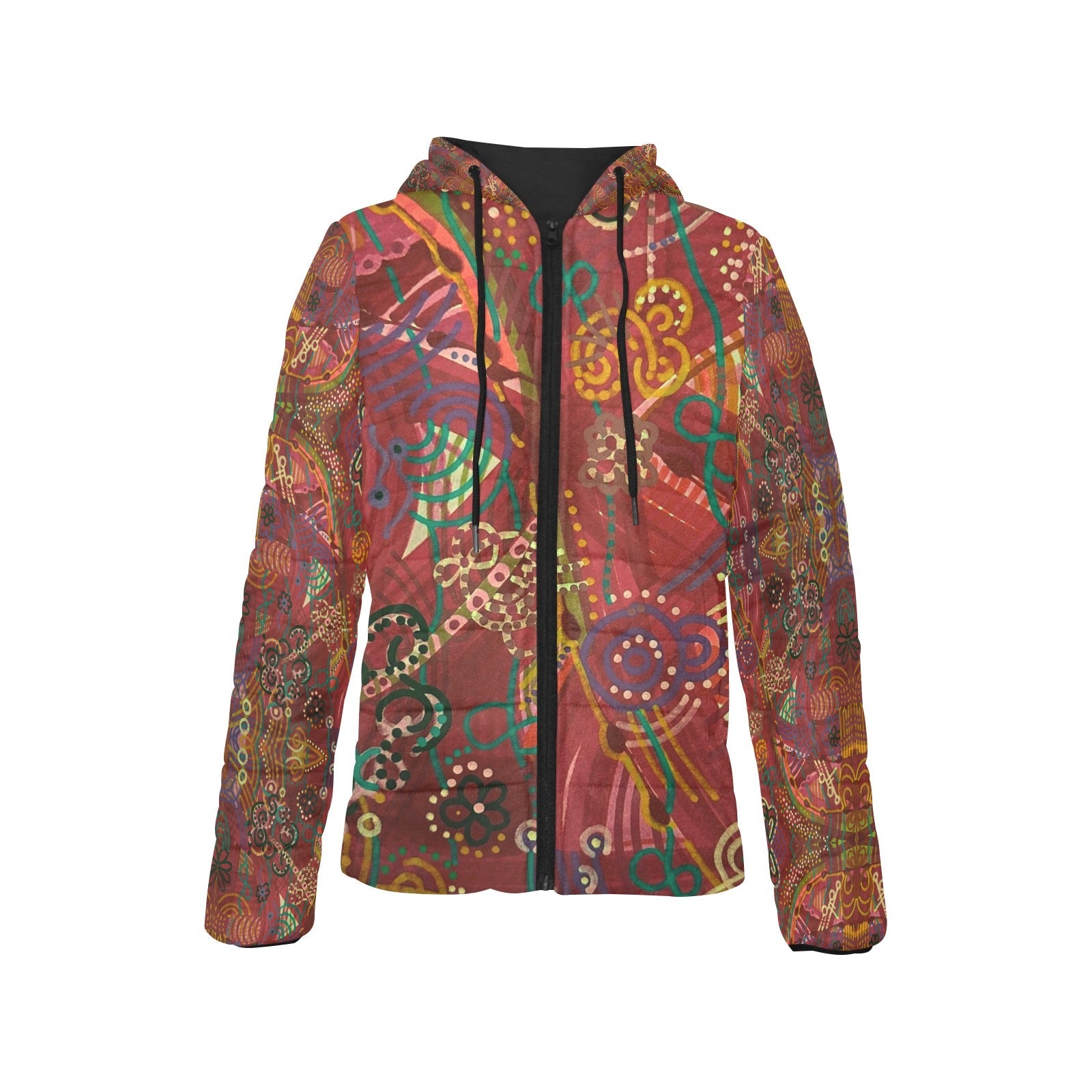 Purple Swirls Red Women's Padded Hooded Puffer Jacket - Lana Art Sweden