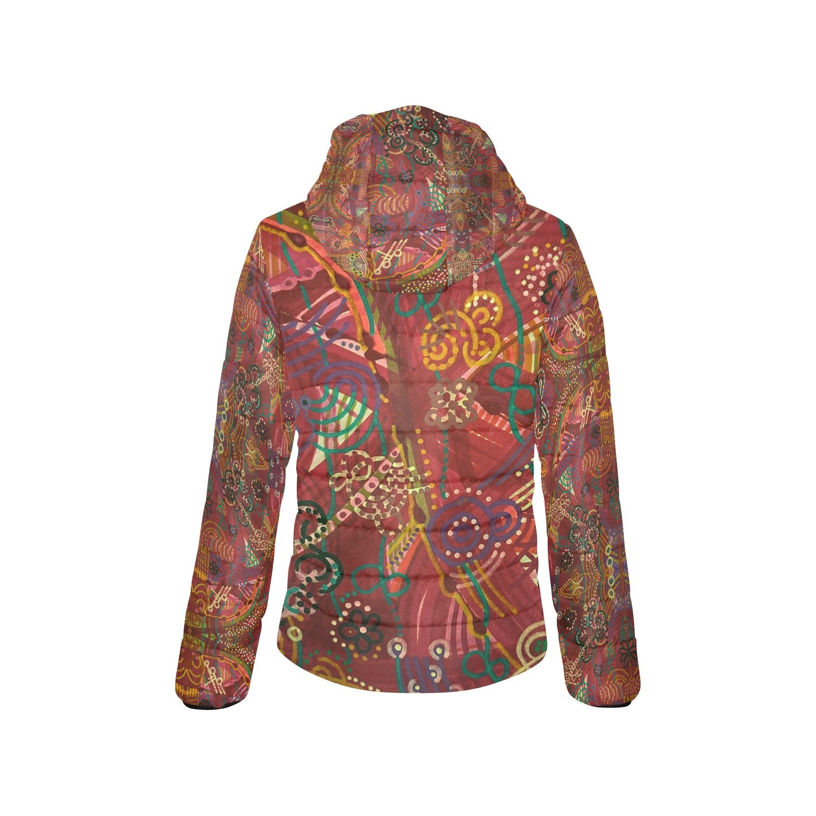 Purple Swirls Red Women's Padded Hooded Puffer Jacket - Lana Art Sweden