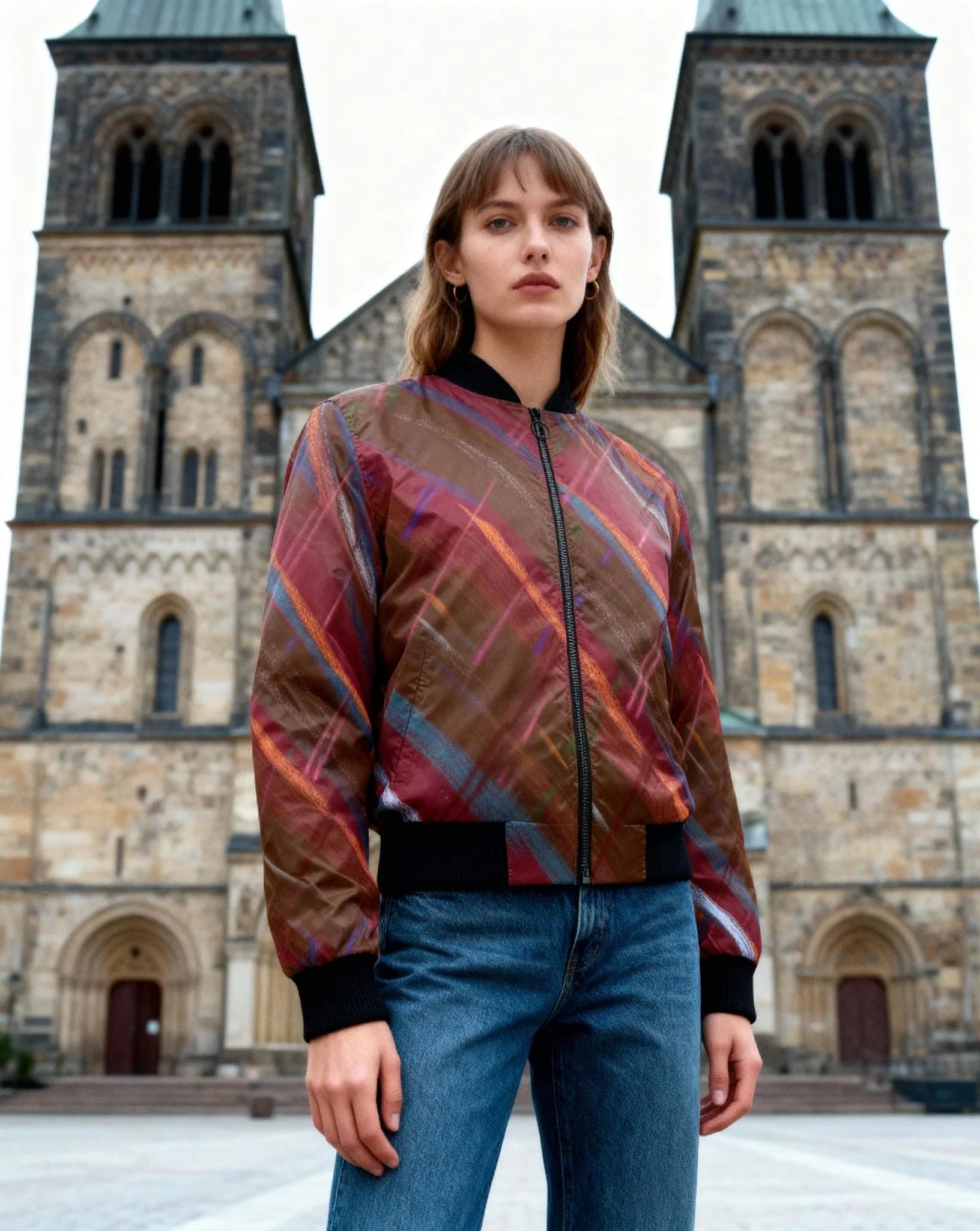 Red Tartan Warm Women's Bomber Jacket - Lana Art Sweden