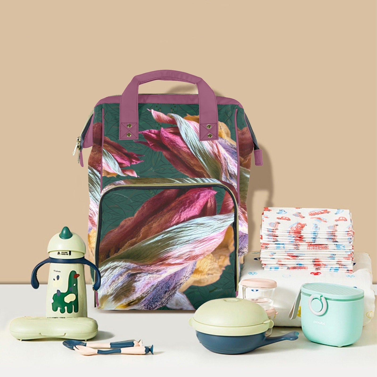Red Tulip Twist Large Multi - Function Travel Diaper Bag - Lana Art Sweden