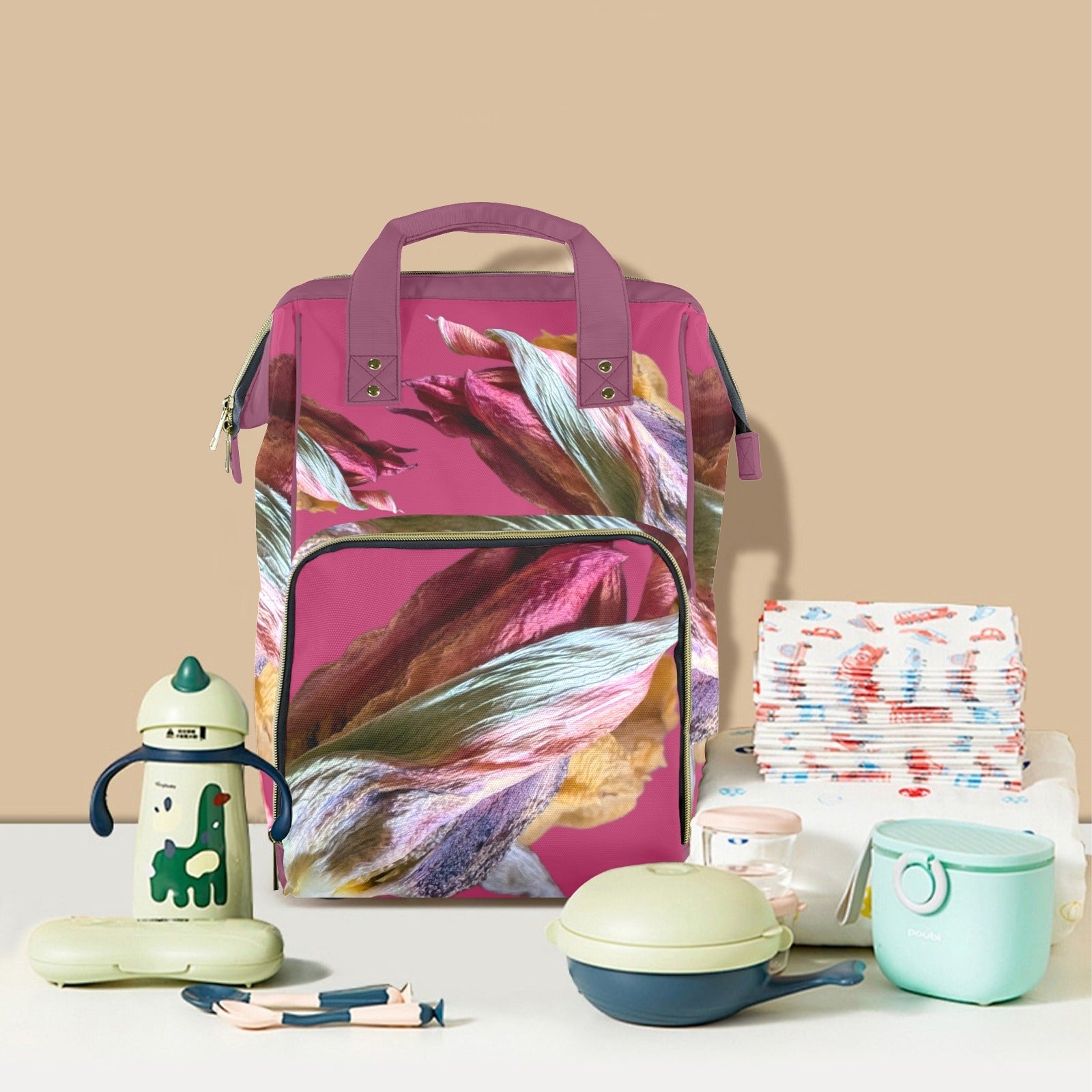 Red Tulip Twist Magenta Large Multi - Function Travel Diaper Bag - Lana Art Sweden