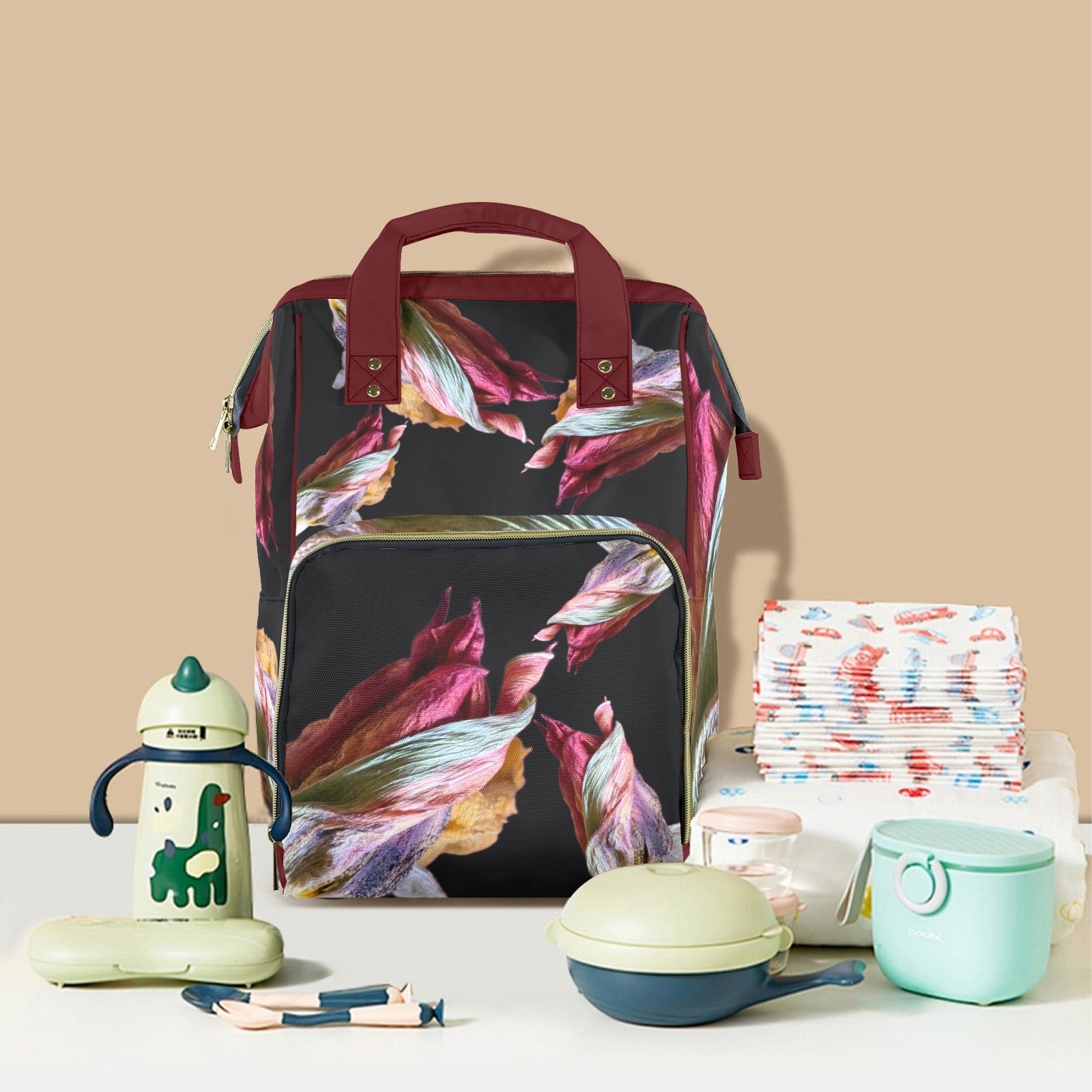 Red Tulip Twist Noir Multi - Function Travel Diaper Bag - Large - Lana Art Sweden