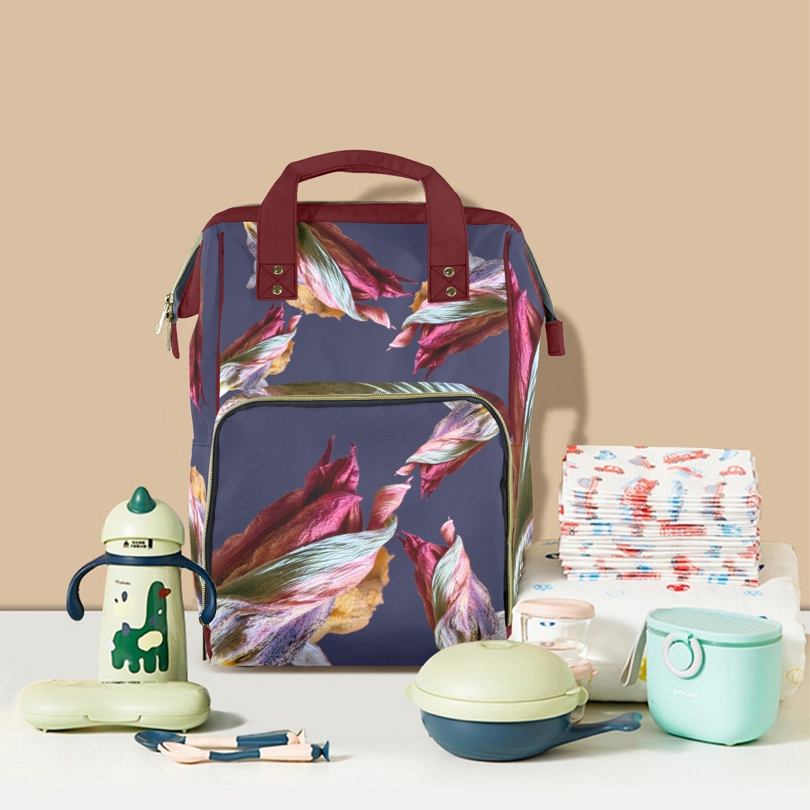 Red Tulip Twist Ocean Multi - Function Travel Diaper Bag - Large - Lana Art Sweden