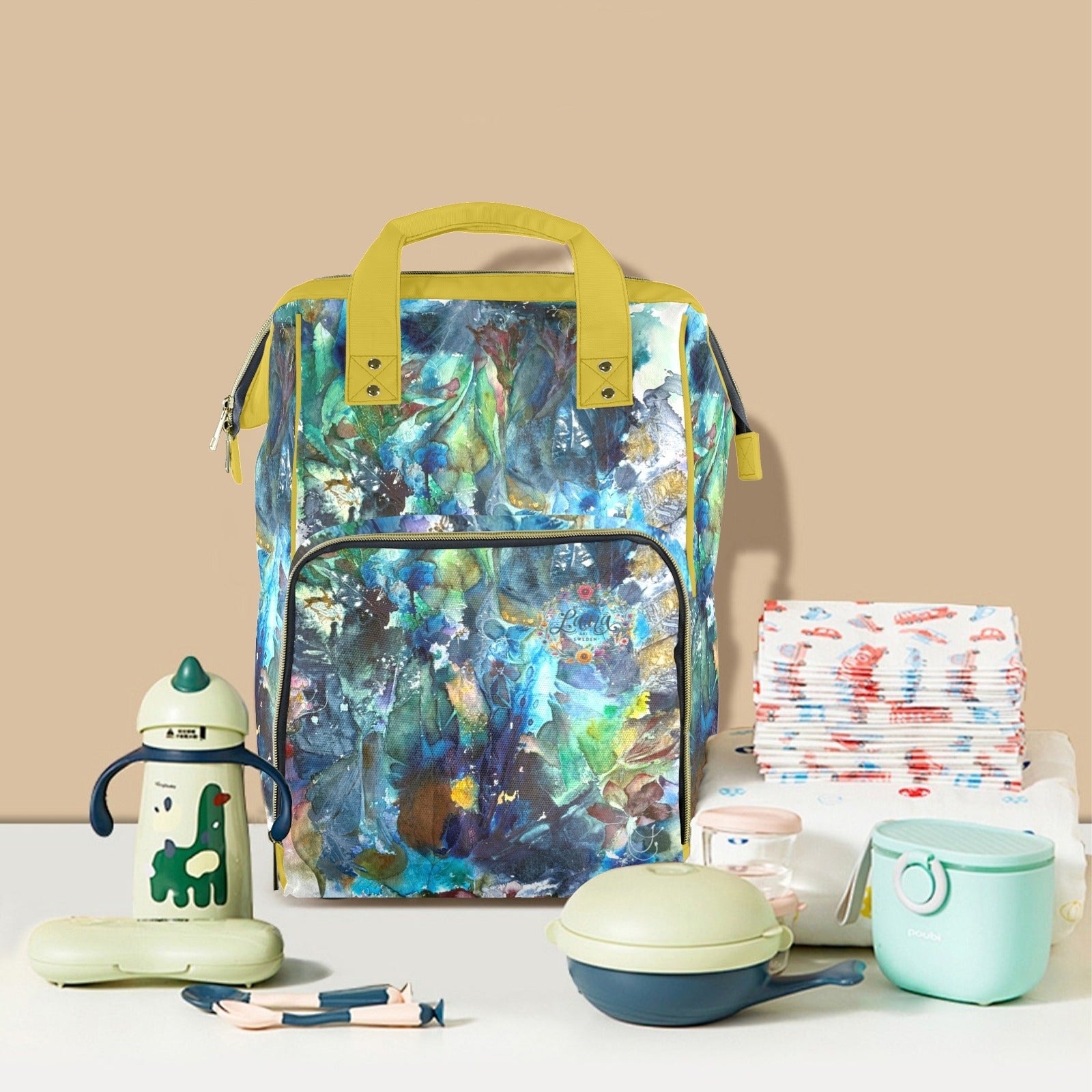 Rhapsody of Spring Mustard Multi - Function Travel Diaper Bag - Large - Lana Art Sweden