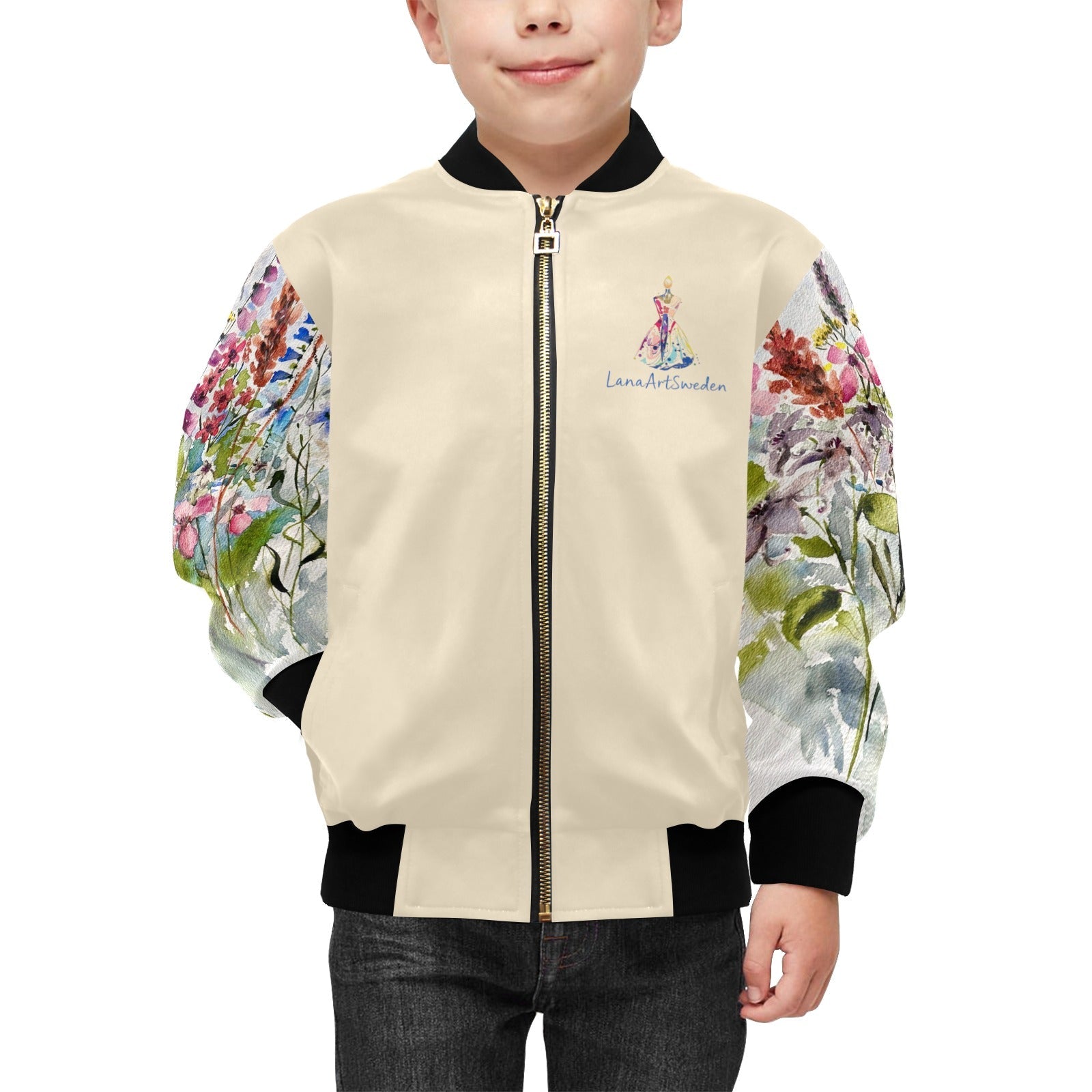 Shaggy Blooms Mocha Kids' Bomber Jacket with Pockets (Model H40) - Lana Art Sweden