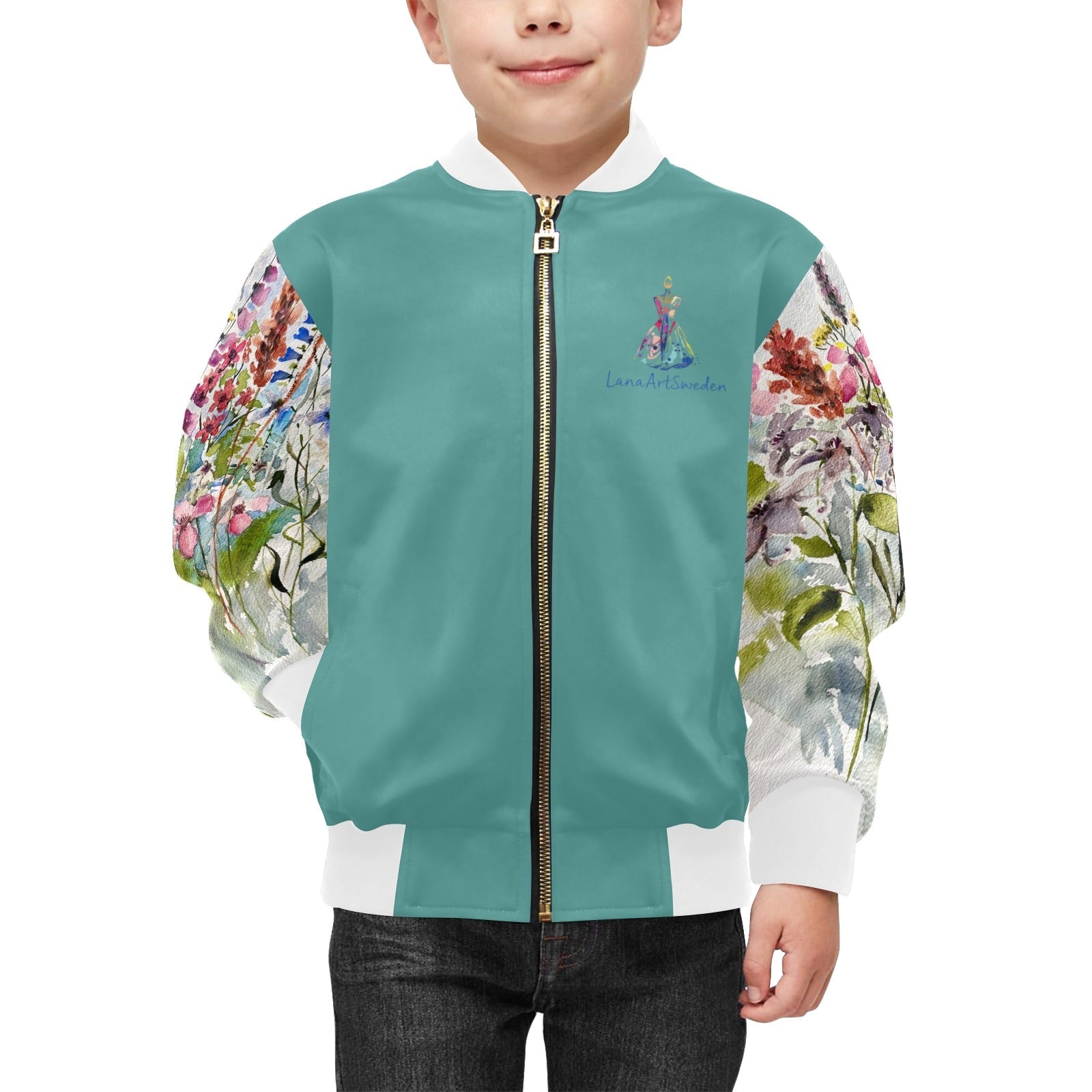 Shaggy Blooms Teal Kids' Bomber Jacket with Pockets (Model H40) - Lana Art Sweden
