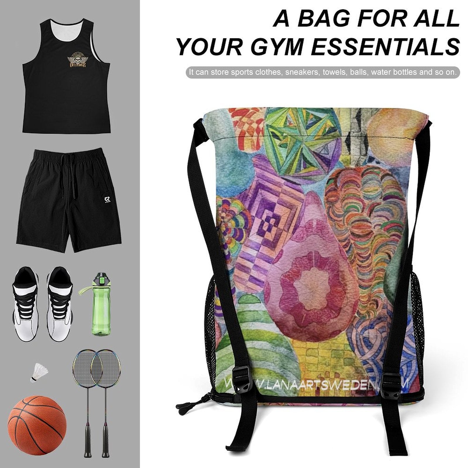 Sport Drawstring Super Light Backpack/Bag with Shoe Compartment - Lana Art Sweden