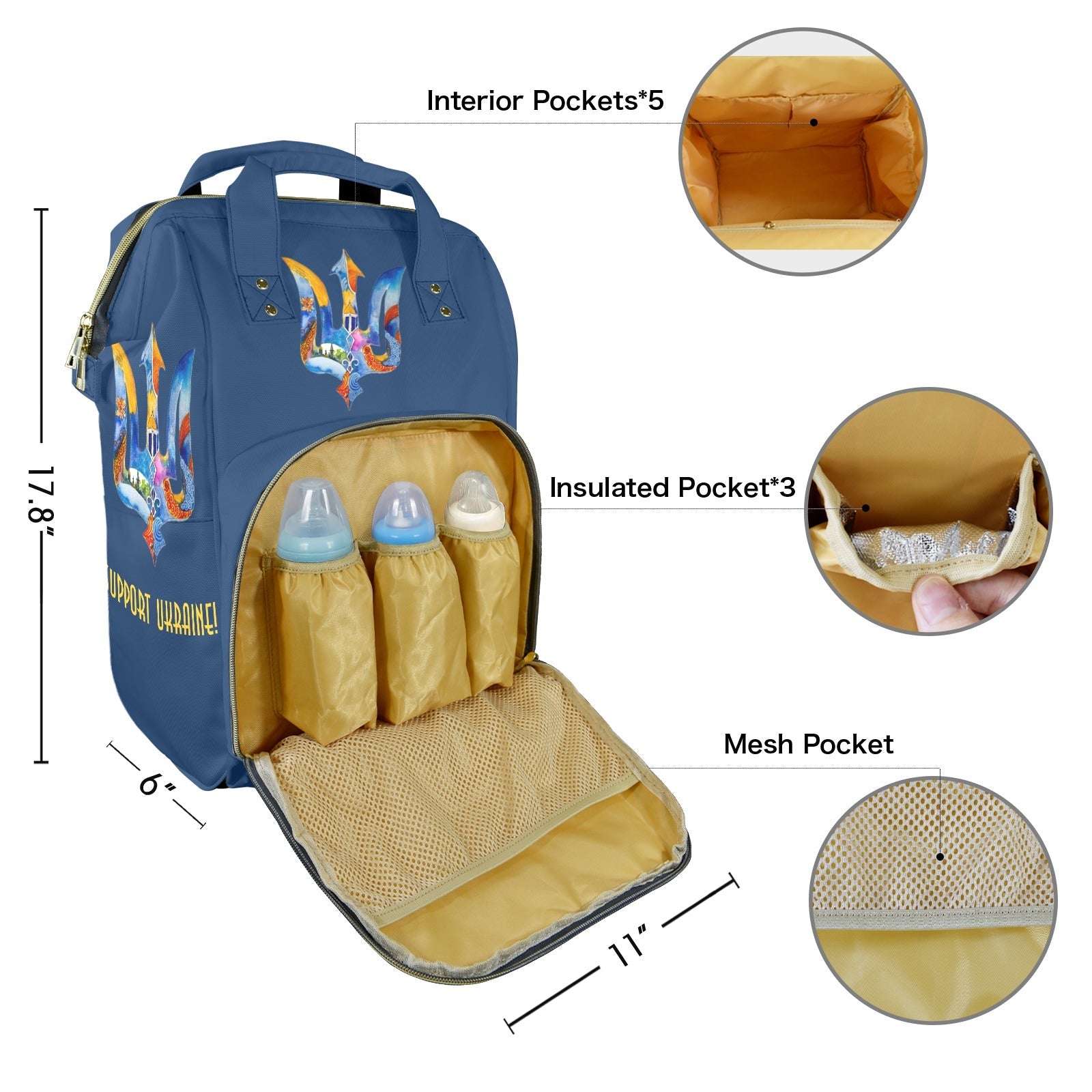 Support Ukraine Trident Multi - Function Travel Diaper Bag - Large - Lana Art Sweden