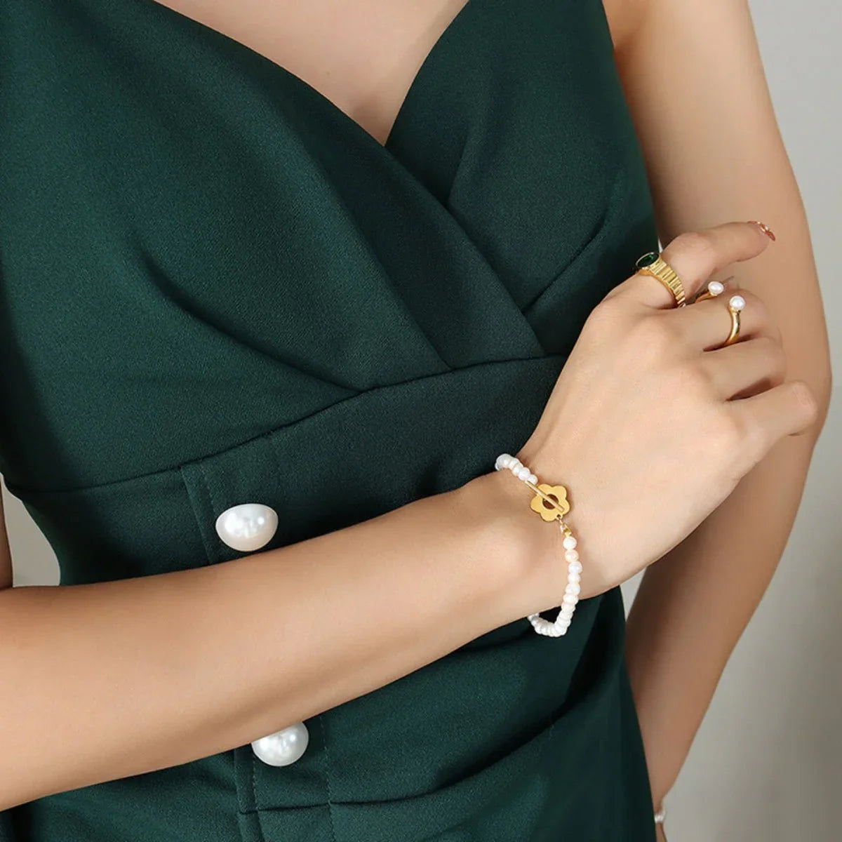 Titanium Steel Pearl Flower Bracelet - Lana Art Sweden