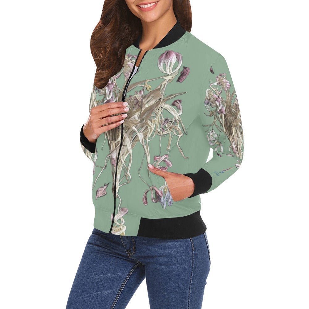 Tulip Drama Lime Cream Subdued Bomber Jacket for Women - Lana Art Sweden