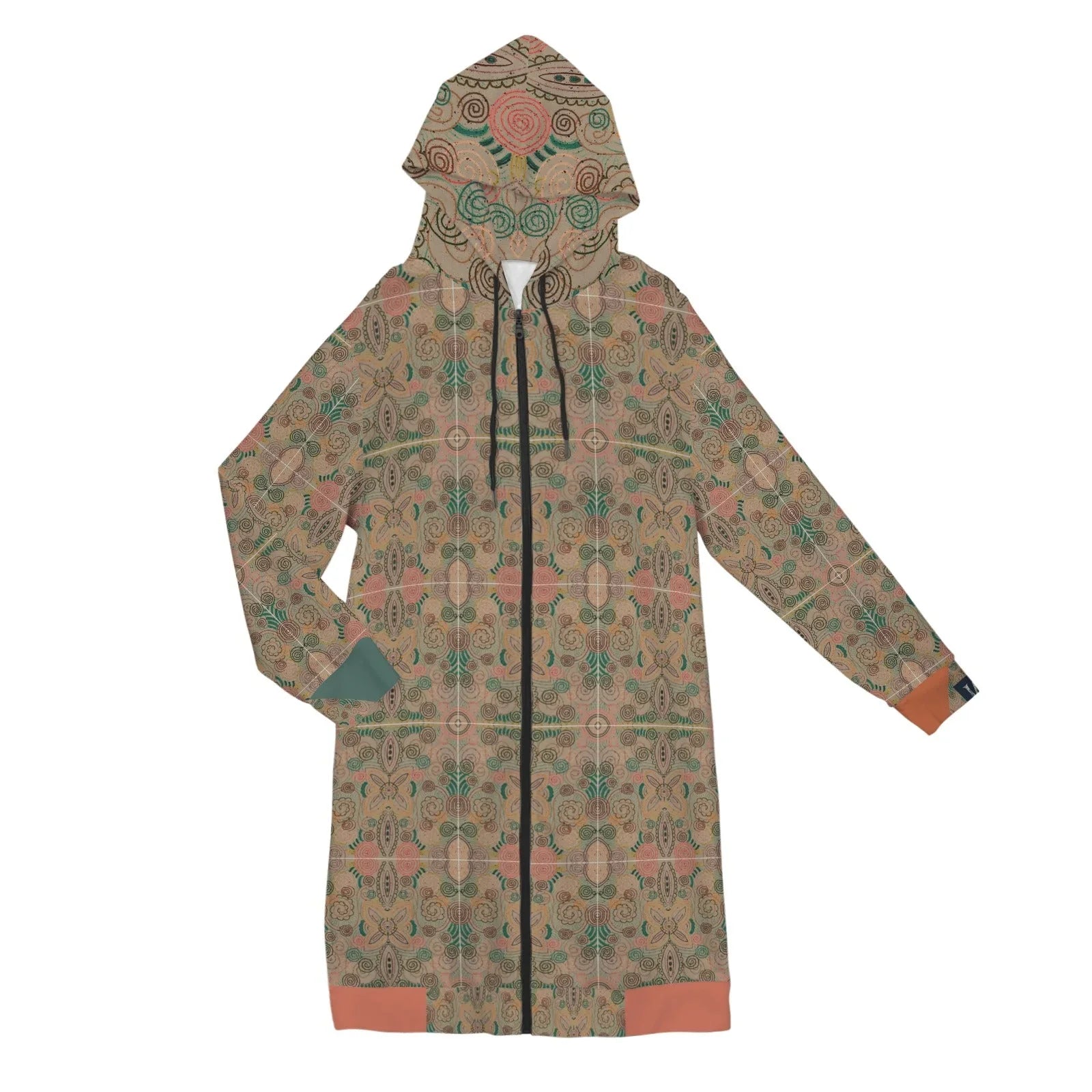Venetian Blossom Burnt Orange Women's Long Hooded Jacket - Lana Art Sweden