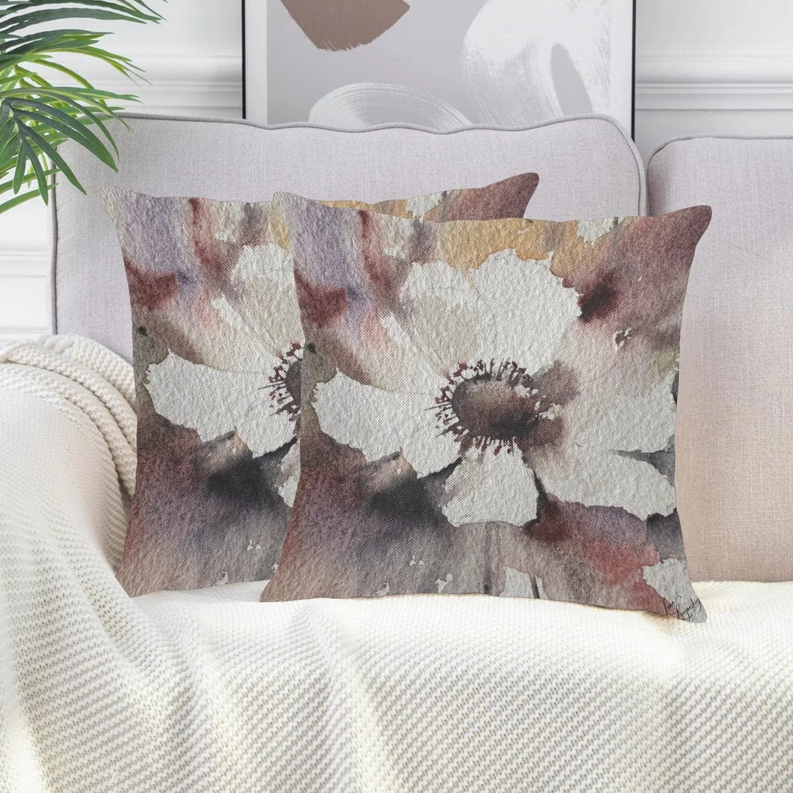 White and Red Dahlias Linen Zippered Pillowcase 18"x18", Pack of 2 - Lana Art Sweden