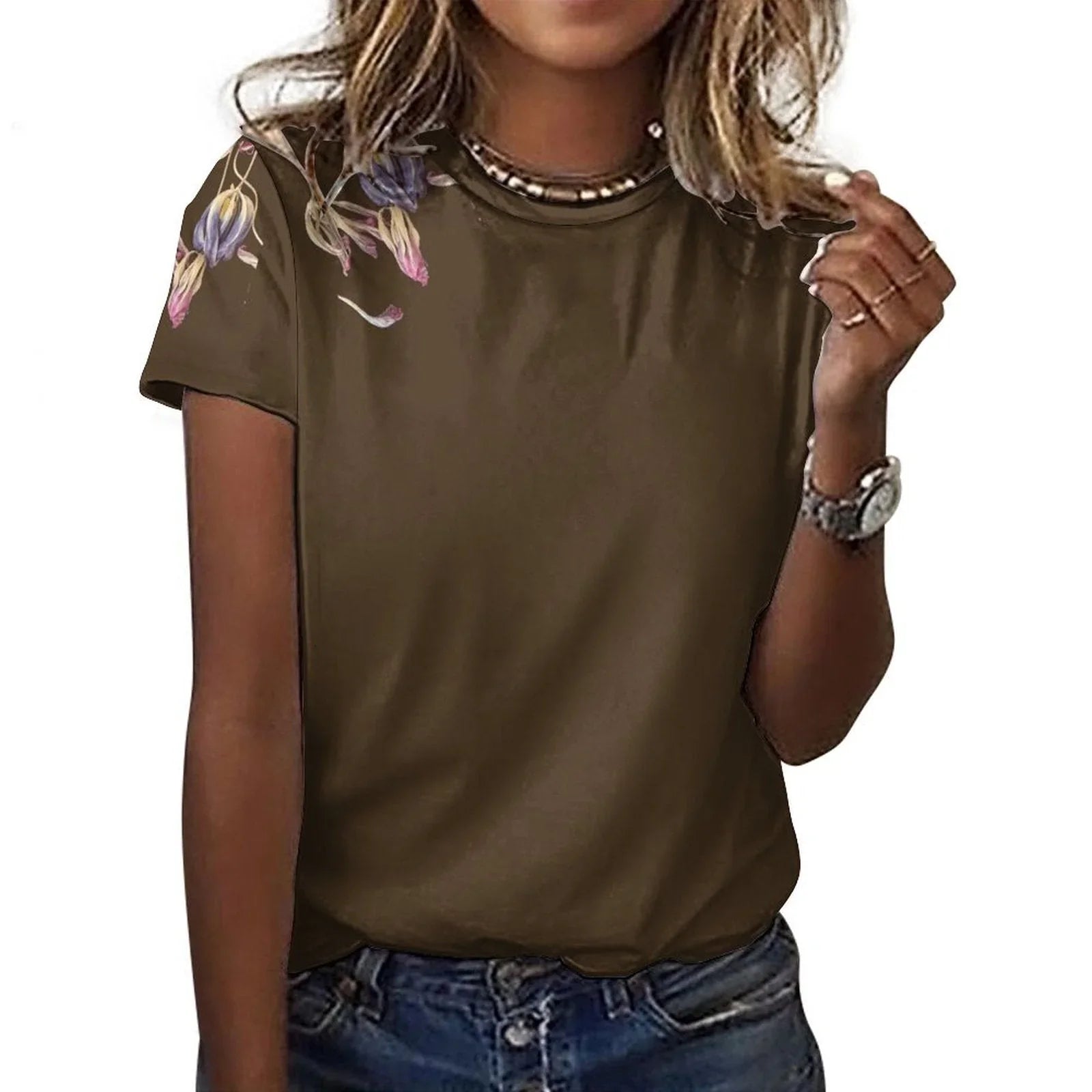 Women's Cotton T-shirt Tulips Hot Chocolate - Lana Art Sweden