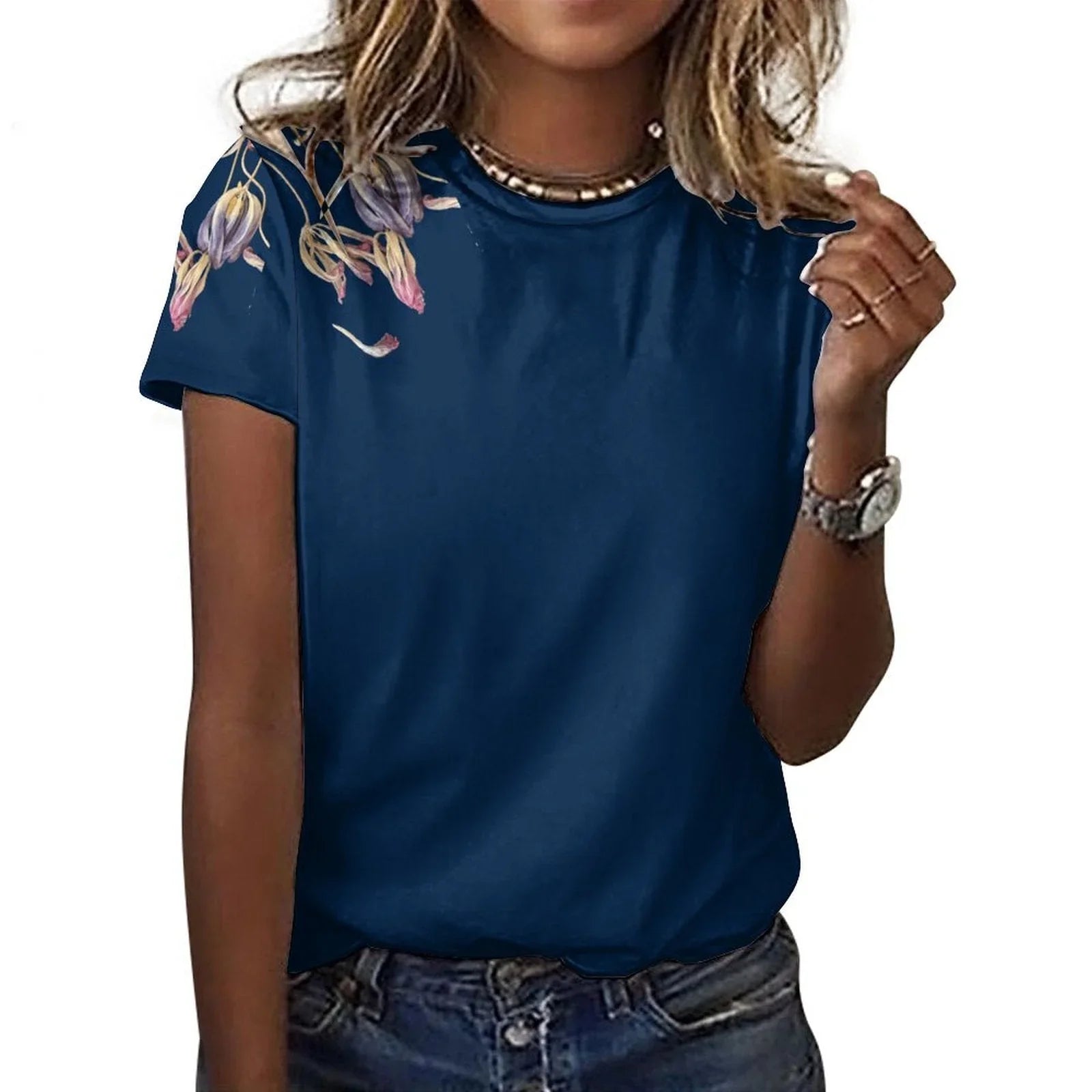 Women's Cotton T-shirt Tulips Lyons Blue - Lana Art Sweden